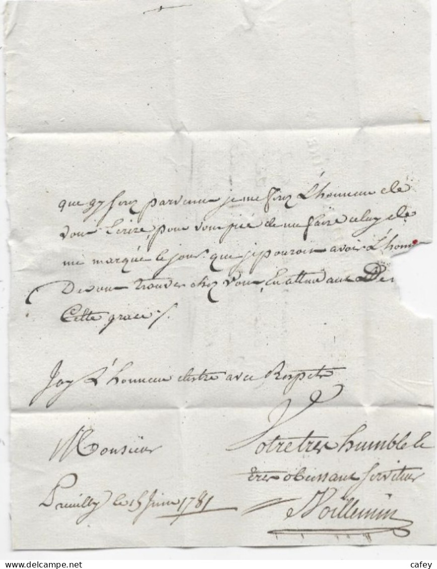 COTE D'OR Lettre Avec Texte De 1781 Marque Postale Rouge CHATILLON S SEINE  Lenain N°3  Indice 12 - 1701-1800: Vorläufer XVIII