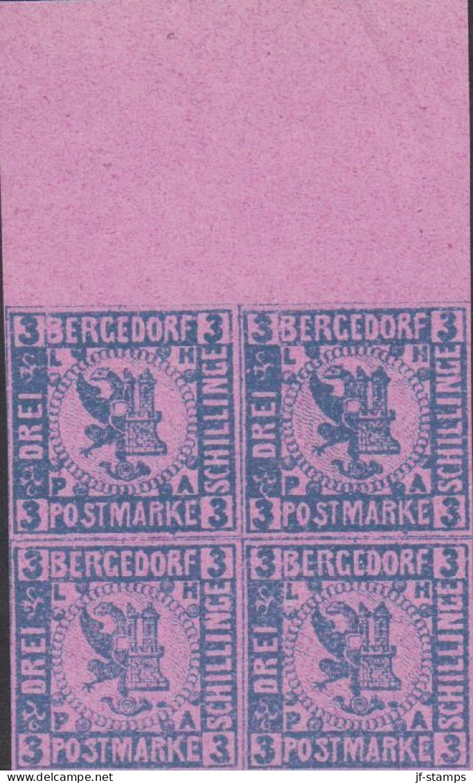 1861. BERGEDORF. 3 SCHILLINGE In 4-block Without Gum. Very Interesting Old Forgery.  - JF524437 - Bergedorf