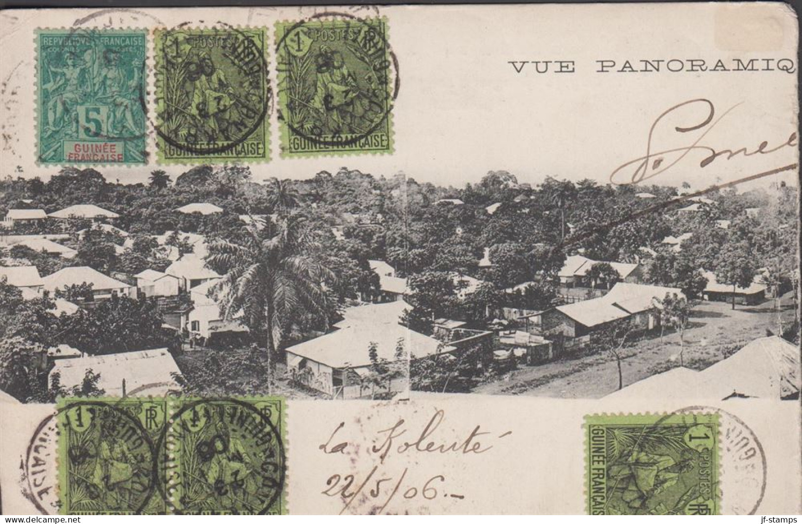 1906. GUINÉE. 5 C + 5 Ex 1 C Fula-tribe On Post Card (VUE PANORAMIQ). Cancelled 23 MAY 06 To F... (Michel 18) - JF432474 - Guinée Française