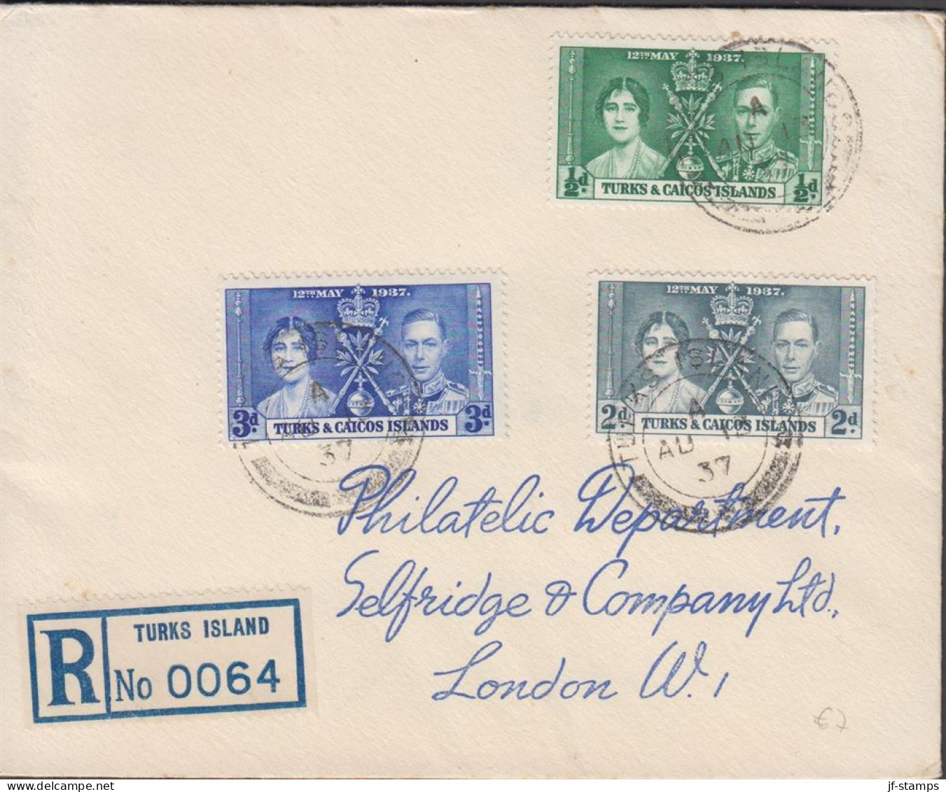 1937. TURKS & CAICOS ISLANDS. Georg VI Coronation Complete Set On Small Cover To London. (Michel  115-117) - JF432576 - Turks And Caicos