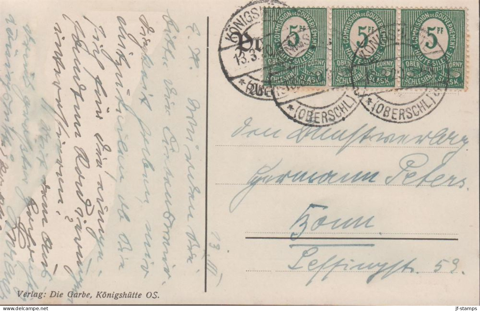 1920. OBERSCHLESIEN. 3 Stripe 5 PF With PLATTENFEHLER - Variety On Postcard Cancelled KÖNIGSH... (Michel 3 I) - JF432633 - Besetzungen 1914-18