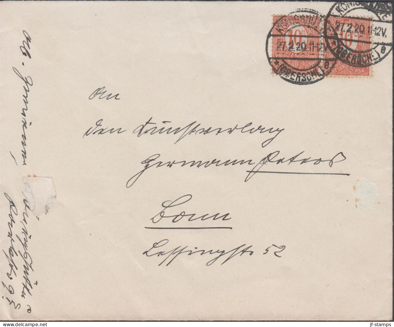 1920. OBERSCHLESIEN. Pair 10 PF On Cover Cancelled KÖNIGSHÜTTE  27.2.20 (OBERSCHL.)  (Michel 4) - JF432634 - Occupation 1914-18