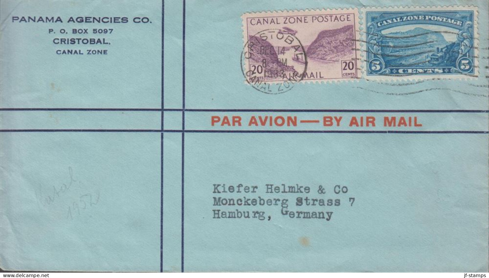 1933. CANAL ZONE. Fine AIR MAIL Cover To Germany Cancelled CRISTOBAL CANAL ZONE And Frankin... (Michel 72a +) - JF432877 - Panama