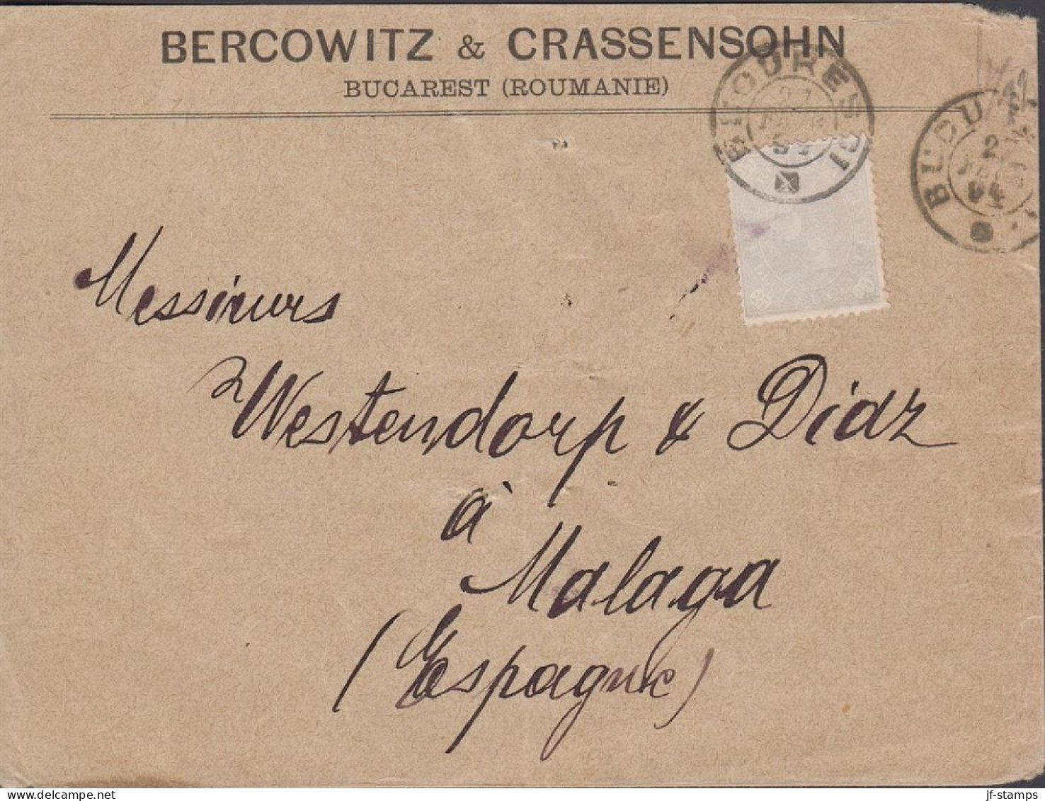 1894. ROMANIA. 25 B. Karl I. On Cover To Malaga, Espagne Cancelled BUCURESCI 27 FEVR 94 + Arrival Cancel M... - JF433225 - Lettres & Documents