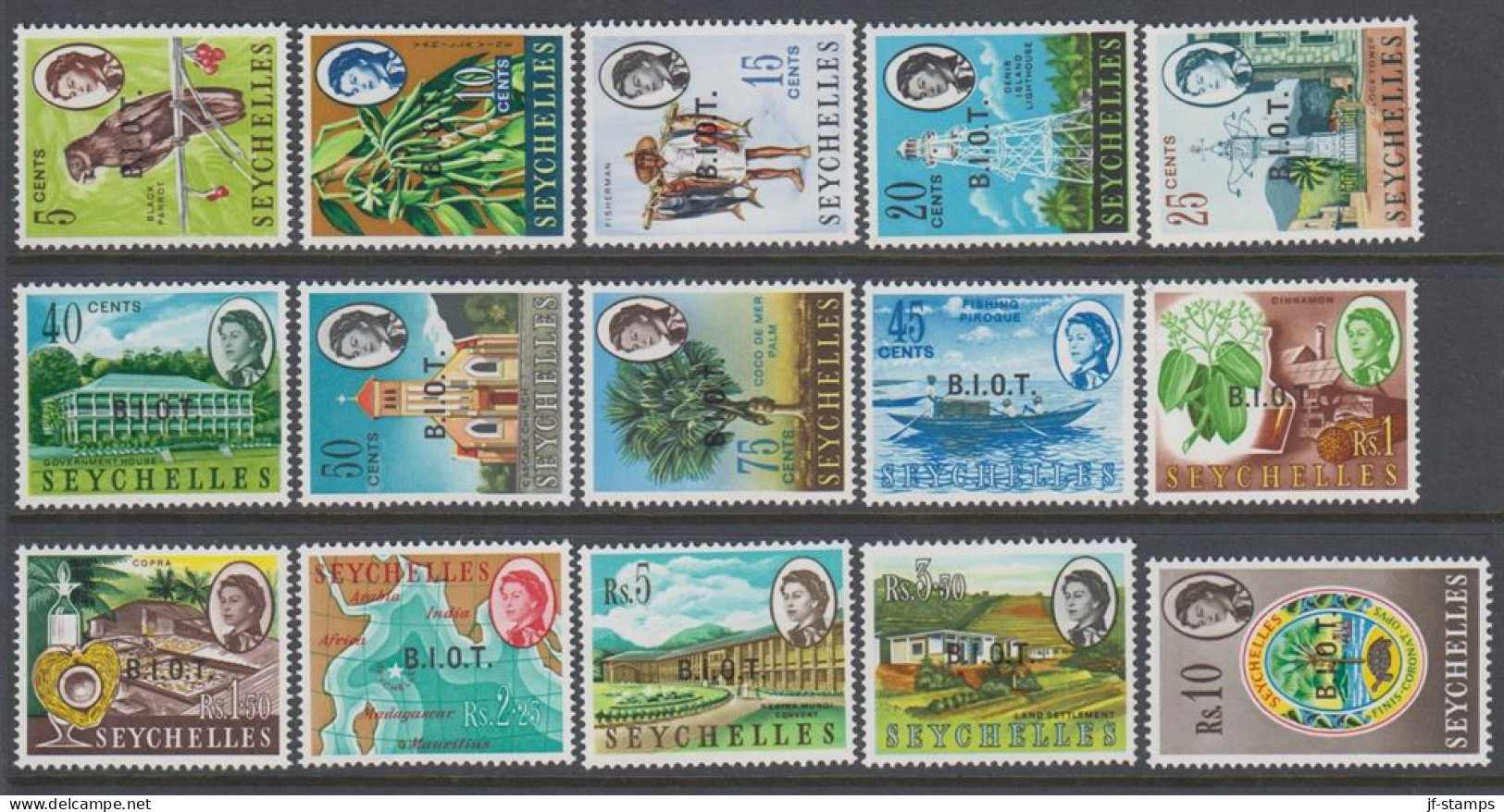 1968. BRITISH INDEAN OCEAN TERRITORRY. Complete Set From SEYCHELLES Overprinted B.I.O.T. Wit... (MICHEL 1-15) - JF524778 - Territoire Britannique De L'Océan Indien