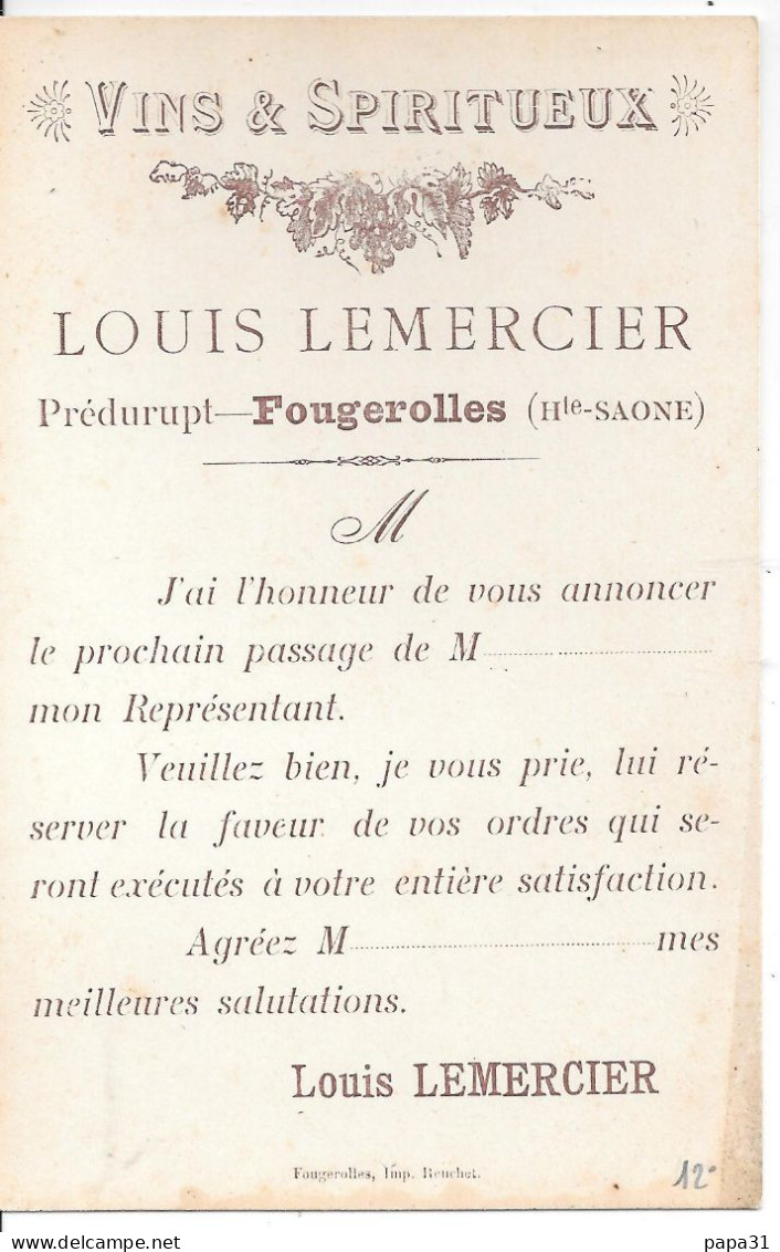 FOUGEROLLES - VINS & SPIRITUEUX  - LOUIS LEMERCIER - Andere & Zonder Classificatie