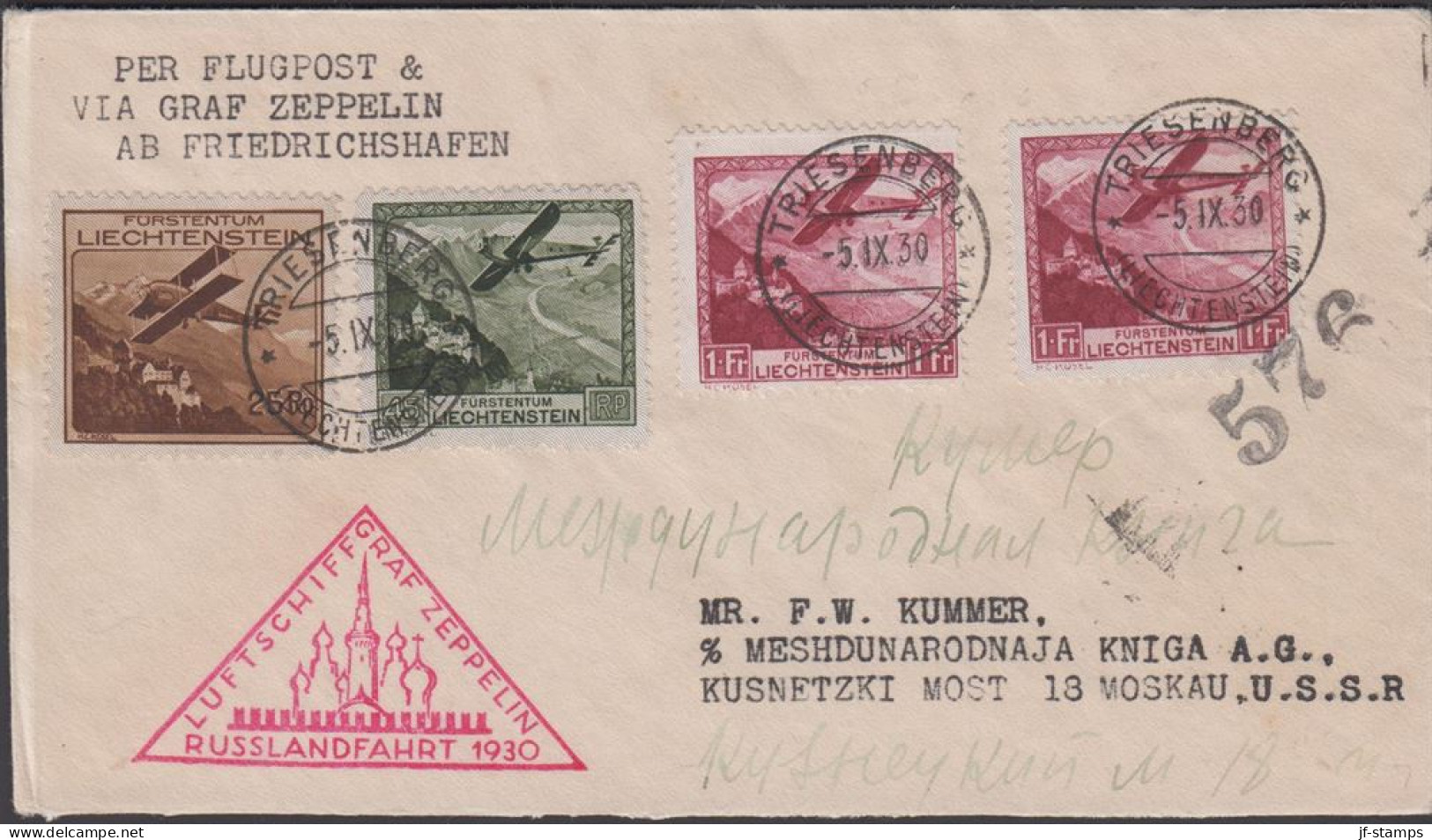 1930. LUFTSCHIFF GRAF ZEPPELIN RUSSLANDSFAHRT 1930. 3X 1 Fr. + 25 + 45 Rp. TRIESENBERG (LIECHTENSTEIN) -5.... - JF306084 - Lettres & Documents