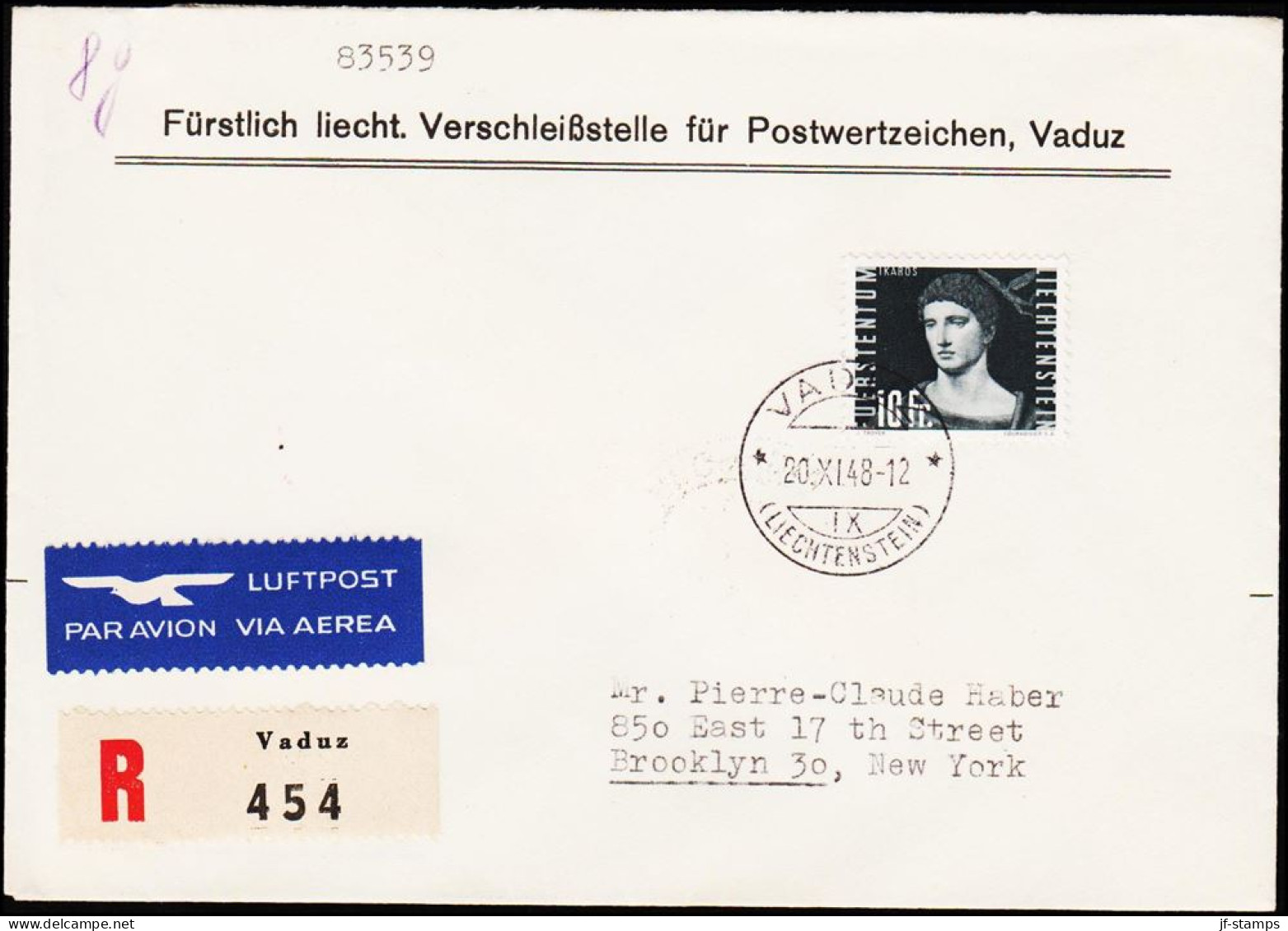 1948. 10 Fr. VADUZ 20.XI.48. (Michel 266) - JF124076 - Brieven En Documenten