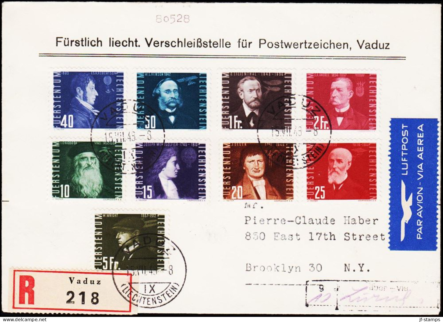 1948. VADUZ 15.VII.49. FDC 40 + 50 + 1 FR. (Michel 257-265) - JF124077 - Covers & Documents