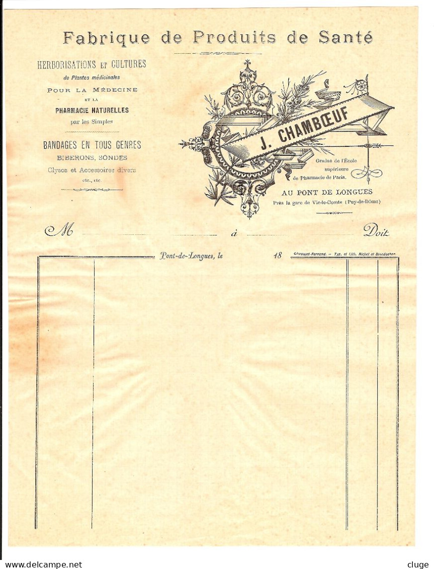 63 - VIC LE COMTE -  LONGUES - Herborisations Et Cultures - Pharmacie J. Chamboeuf   Au Pont De Longues - 1800 – 1899