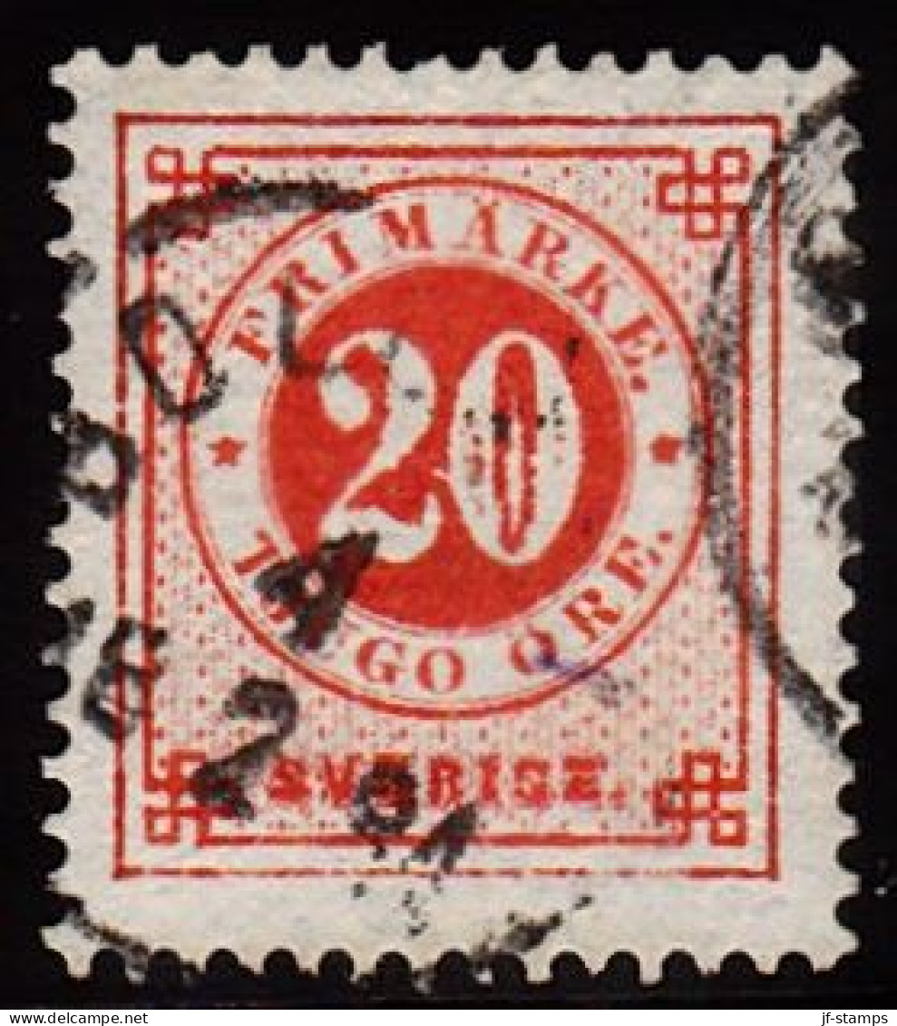 1877. Circle Type. Perf. 13. 20 øre Vermilion. White Filling In 0. Facit 33v10. (Michel 22Ba) - JF103221 - Used Stamps