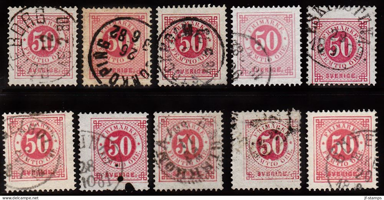 1877. Circle Type. Perf. 13. 50 øre Carmine. 10 Stamps With Different Shades Etc. (Michel 25B) - JF103233 - Used Stamps