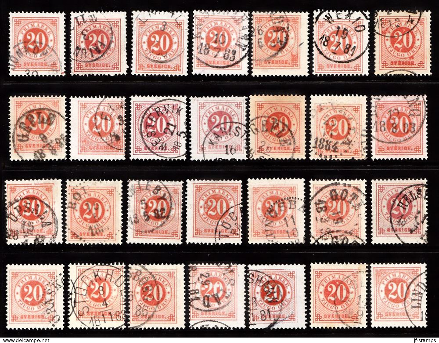 1877. Circle Type. Perf. 13. 20 øre Vermilion. 28 Stamps With Different Shades Etc. (Michel 22Ba) - JF103234 - Used Stamps