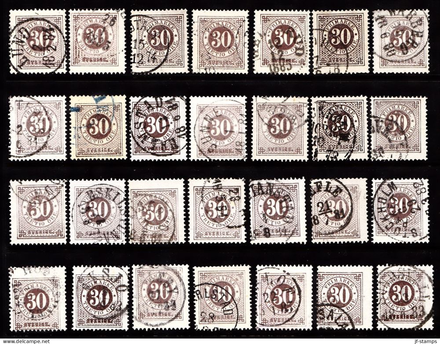 1877. Circle Type. Perf. 13. 30 øre Brown. 28 Stamps With Different Shades Etc. (Michel 24B) - JF103236 - Gebruikt