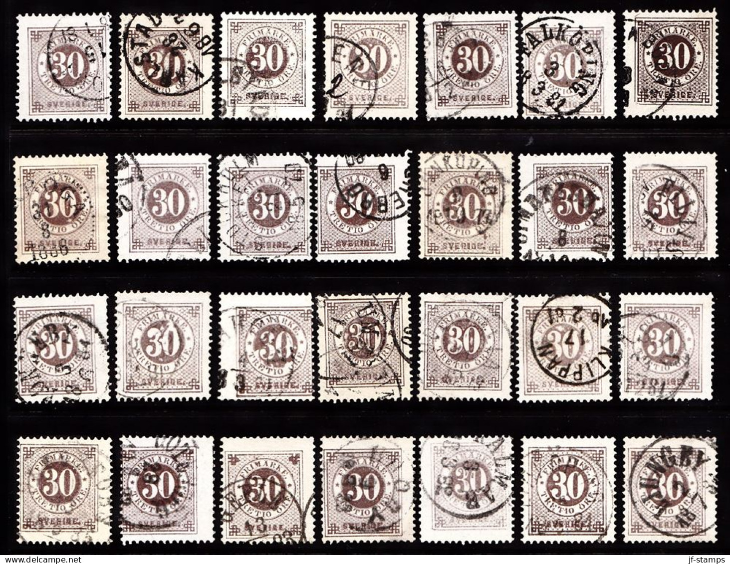 1877. Circle Type. Perf. 13. 30 øre Brown. 28 Stamps With Different Shades Etc. (Michel 24B) - JF103237 - Gebruikt