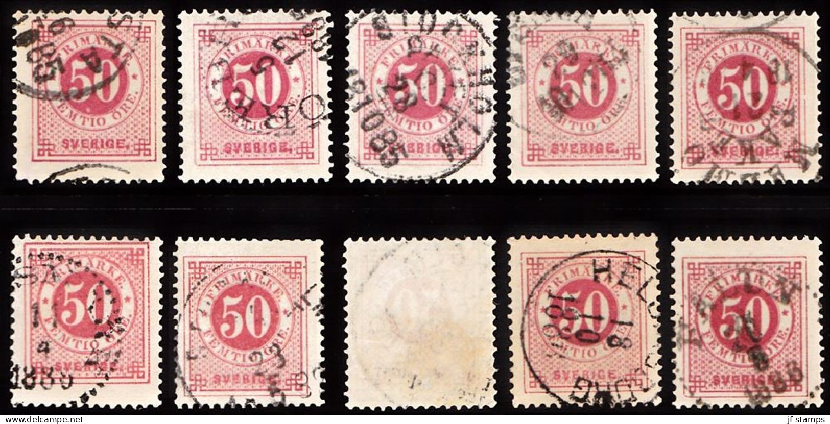 1877. Circle Type. Perf. 13. 50 øre Carmine. 10 Stamps With Different Shades Etc. (Michel 25B) - JF103246 - Gebruikt