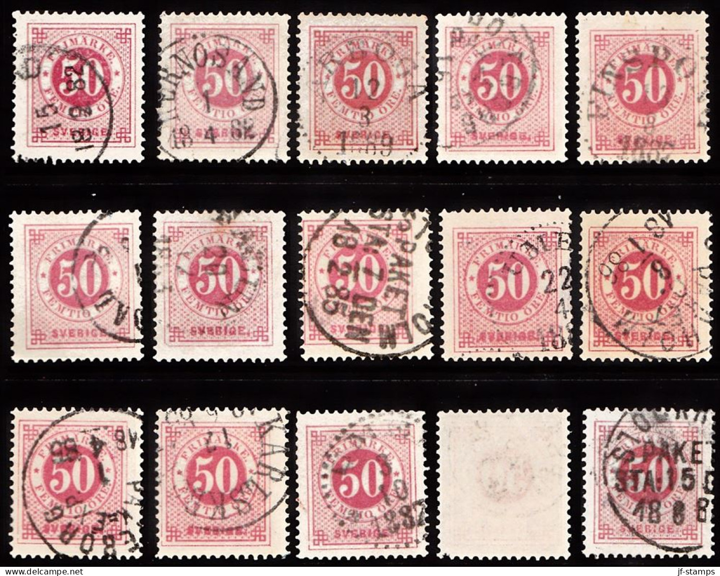 1877. Circle Type. Perf. 13. 50 øre Carmine. 15 Stamps With Different Shades Etc. (Michel 25B) - JF103247 - Oblitérés