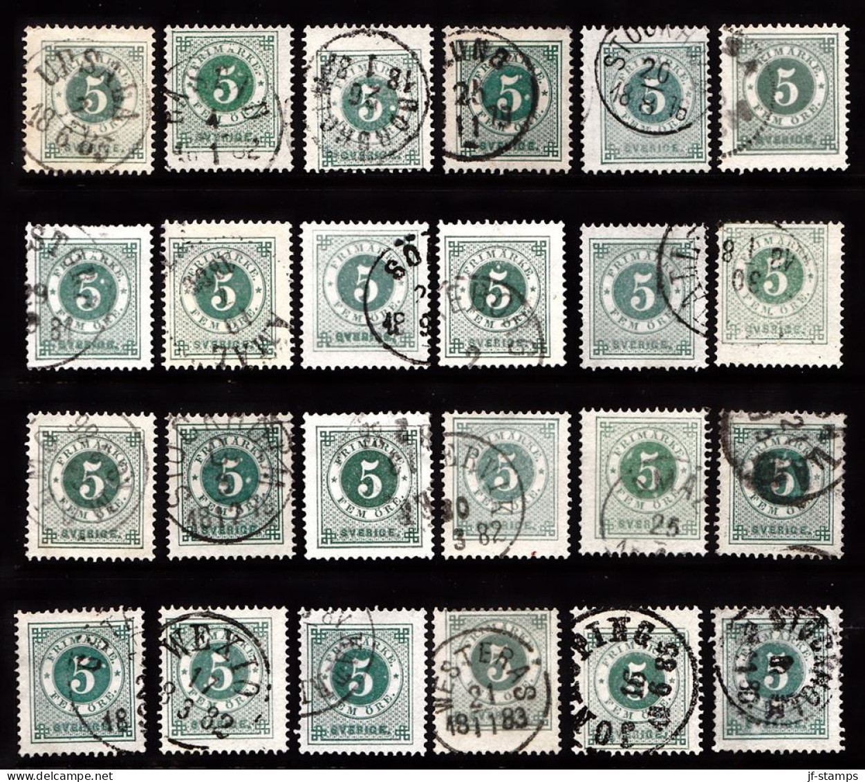 1877. Circle Type. Perf. 13. 5 øre Dark Green. 24 Stamps With Different Shades Etc. (Michel 19B) - JF103248 - Oblitérés