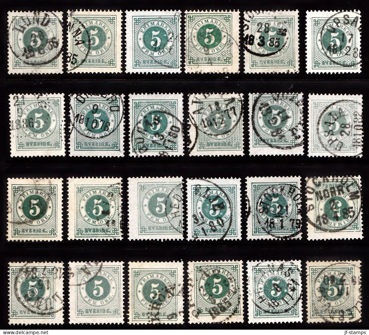 1877. Circle Type. Perf. 13. 5 øre Dark Green. 24 Stamps With Different Shades Etc. (Michel 19B) - JF103249 - Usati