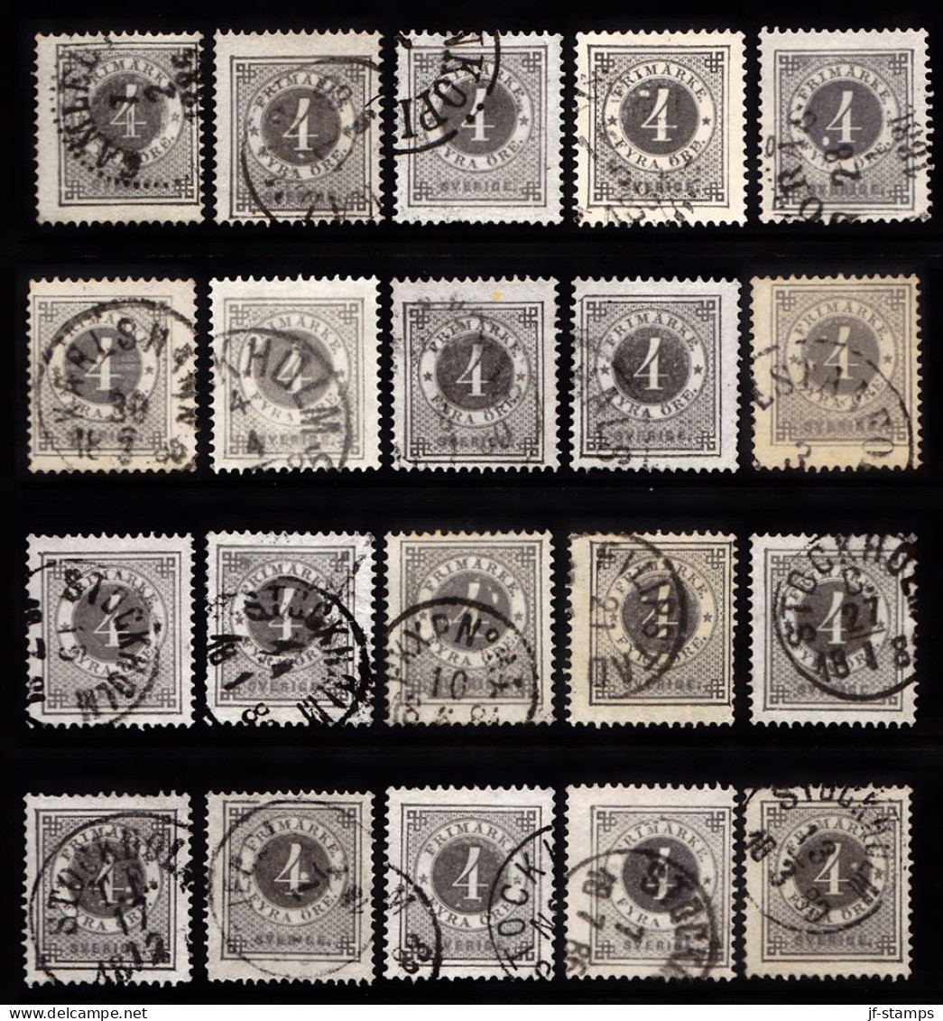 1877. Circle Type. Perf. 13. 4 øre Gray. 20 Stamps With Different Shades Etc. (Michel 18B) - JF103250 - Oblitérés
