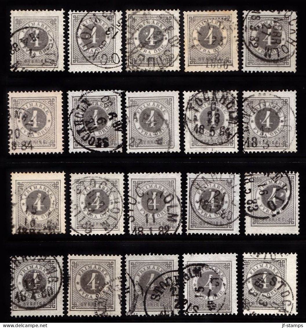1877. Circle Type. Perf. 13. 4 øre Gray. 20 Stamps With Different Shades Etc. (Michel 18B) - JF103252 - Used Stamps