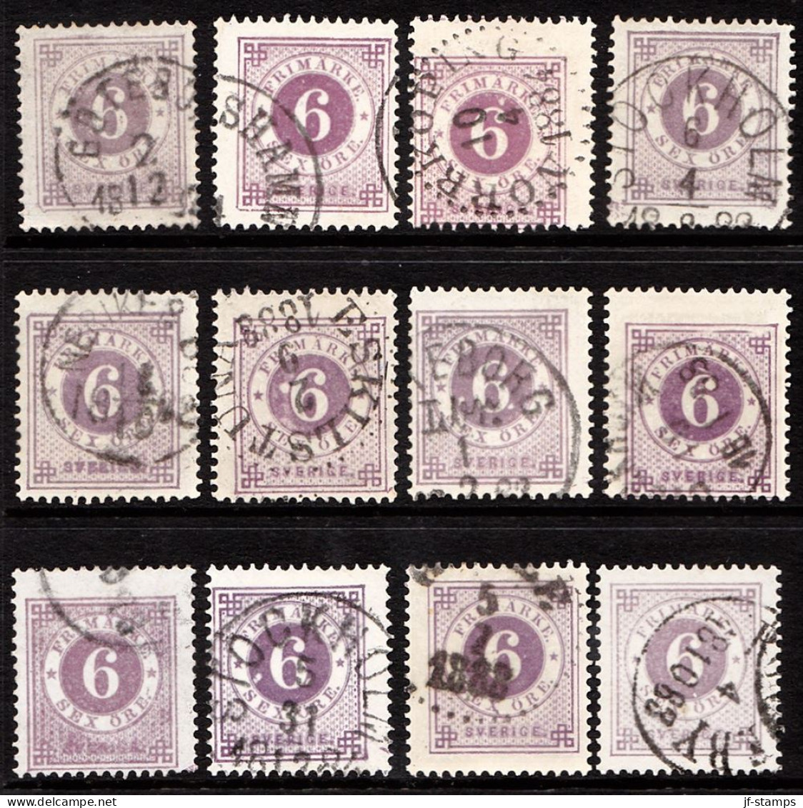 1877. Circle Type. Perf. 13. 6 øre Red Lillac. 12 Stamps With Different Shades Etc. (Michel 20Ba) - JF103255 - Gebraucht