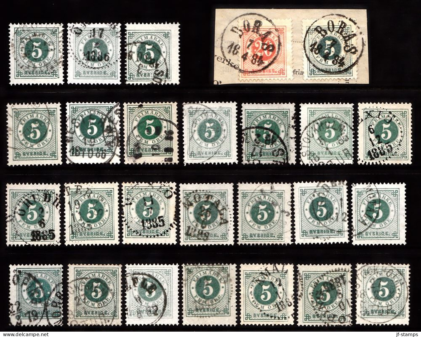 1877. Circle Type. Perf. 13. 5 øre Dark Green. 25 Stamps With Different Shades Etc. (Michel 19B) - JF103257 - Oblitérés