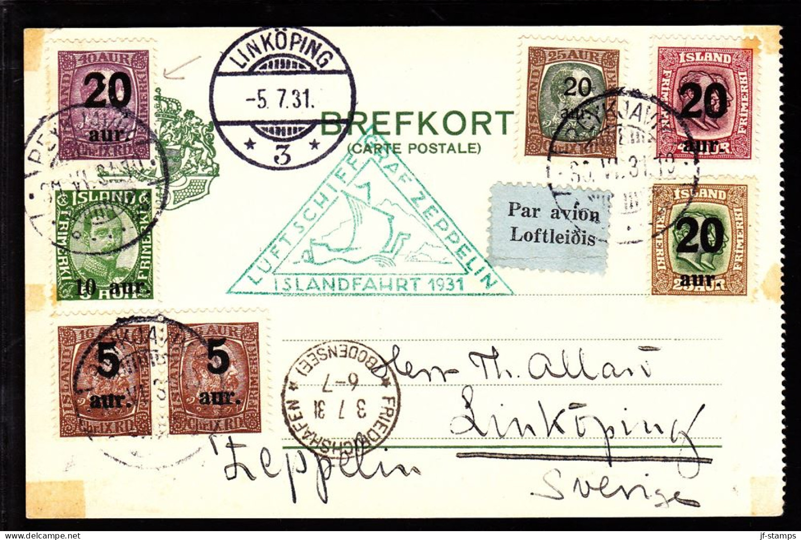 1931. LUFTSCHIFF GRAF ZEPPELIN ISLANDSFAHRT 1931. Two Kings. 5 Aur On 16 Aur Brown Together W... (Michel 105) - JF103805 - Lettres & Documents