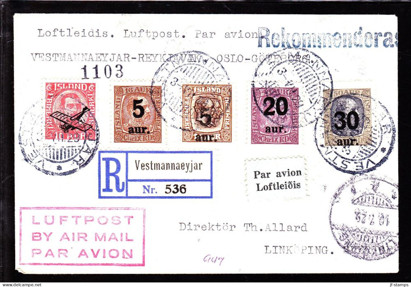 1929. Air Mail. 30 Aur On 50 Aur And 5 Aur/16 Aur + 20 Aur/40 Aur Christian IX, Luftpost 10 ... (Michel 112+) - JF103814 - Brieven En Documenten