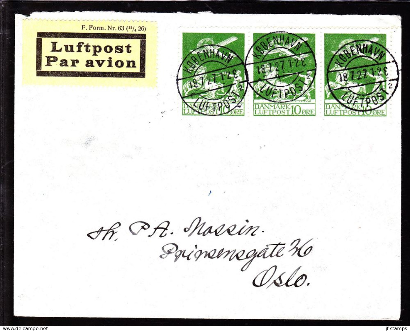 1925. Air Mail. 10 øre Green. 3-strip With Lux-cancel KØBENHAVN LUFTPOST 18.7.27. OSLO 1 TUR ... (Michel 143) - JF103820 - Posta Aerea