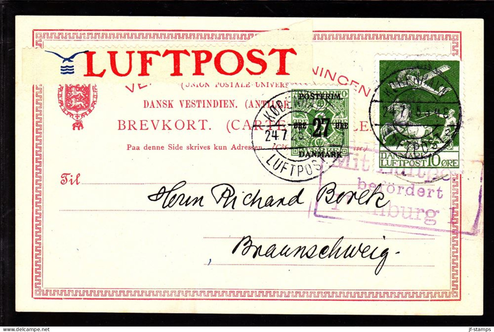 1925. Air Mail. 10 øre Green And 27/8 øre On DWI-BREVKORT To Braunschweig From KØBENHAVN LUFT... (Michel 143) - JF103821 - Airmail