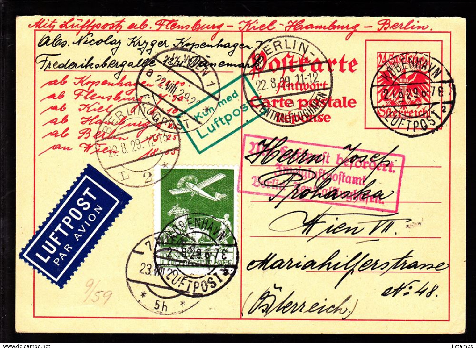 1929. Air Mail. 10 øre Green On 24 Grossen Antwort Postkarte From Österreich To Wien From KØB... (Michel 143) - JF103828 - Luchtpostzegels