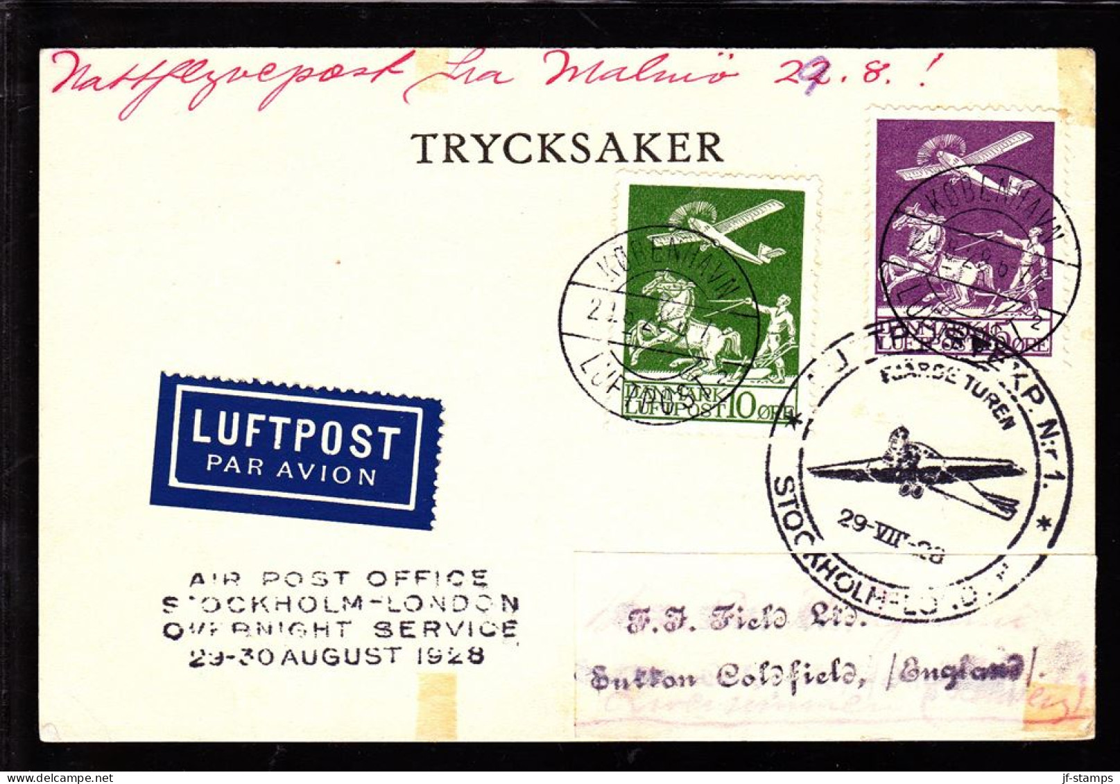 1928. Air Mail. 15 øre Lilac And 10 øre Green. KØBENHAVN LUFTPOST 2 29.8.28 AIR POST OFFICE S... (Michel 144) - JF103839 - Luftpost