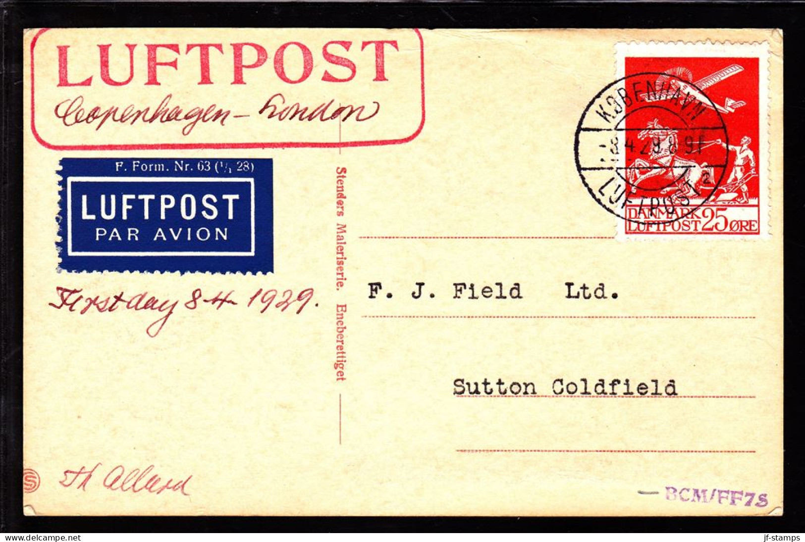 1929. Air Mail. 25 øre Red KØBENHAVN LUFTPOST 2 3.4.29. LONDON. (Michel 145) - JF103856 - Airmail