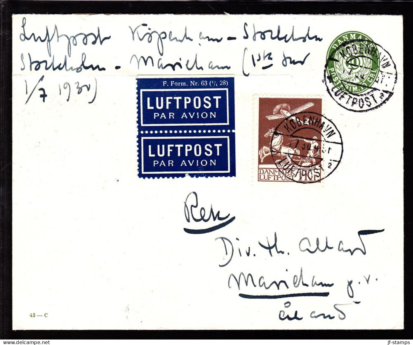 1929. Air Mail. 1 Kr. Brown On 10 øre Envelope. KØBENHAVN 1.7.30 MARIEHAMN 2.VII.30. Åland. S... (Michel 181) - JF103867 - Poste Aérienne