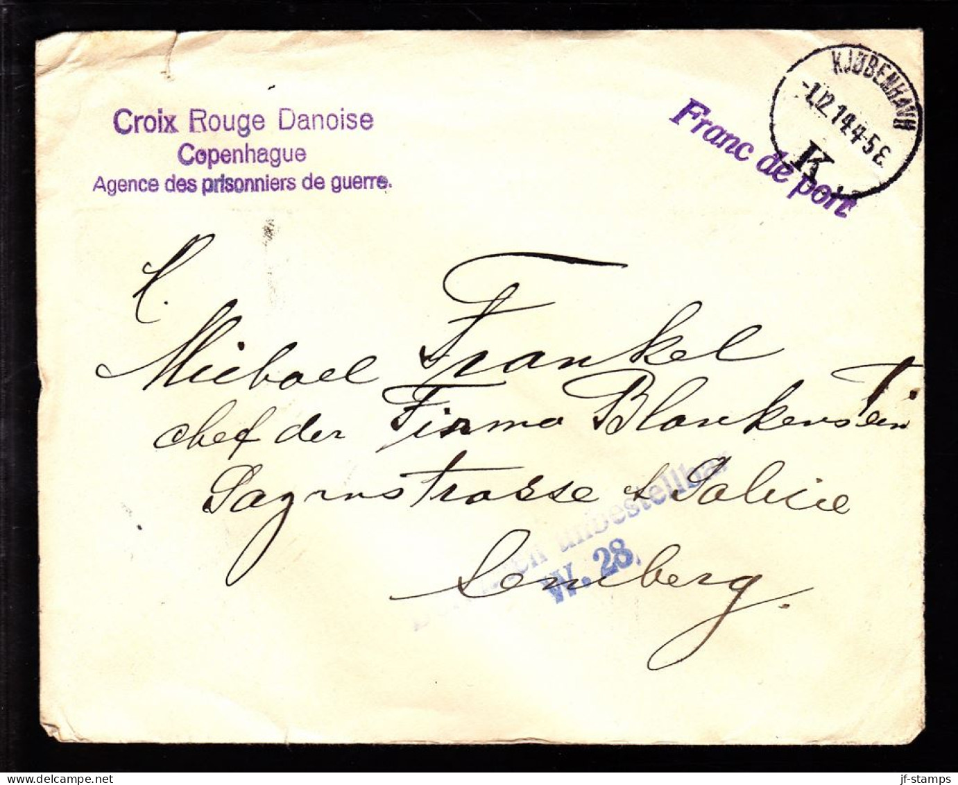 1914. Franc De Port. Cover To Lemberg From Croix Rouge Danoise Copenhague Agence Des Prisonnieres De Guerr... - JF103880 - Rotes Kreuz