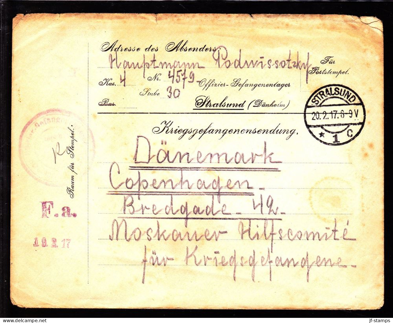 1917. Kriegsgefangenensendung. Moskauer Hilfscomité Für Kriegsgefangene. Copenhagen K Bredgade 42. STRALSU... - JF103885 - Rode Kruis