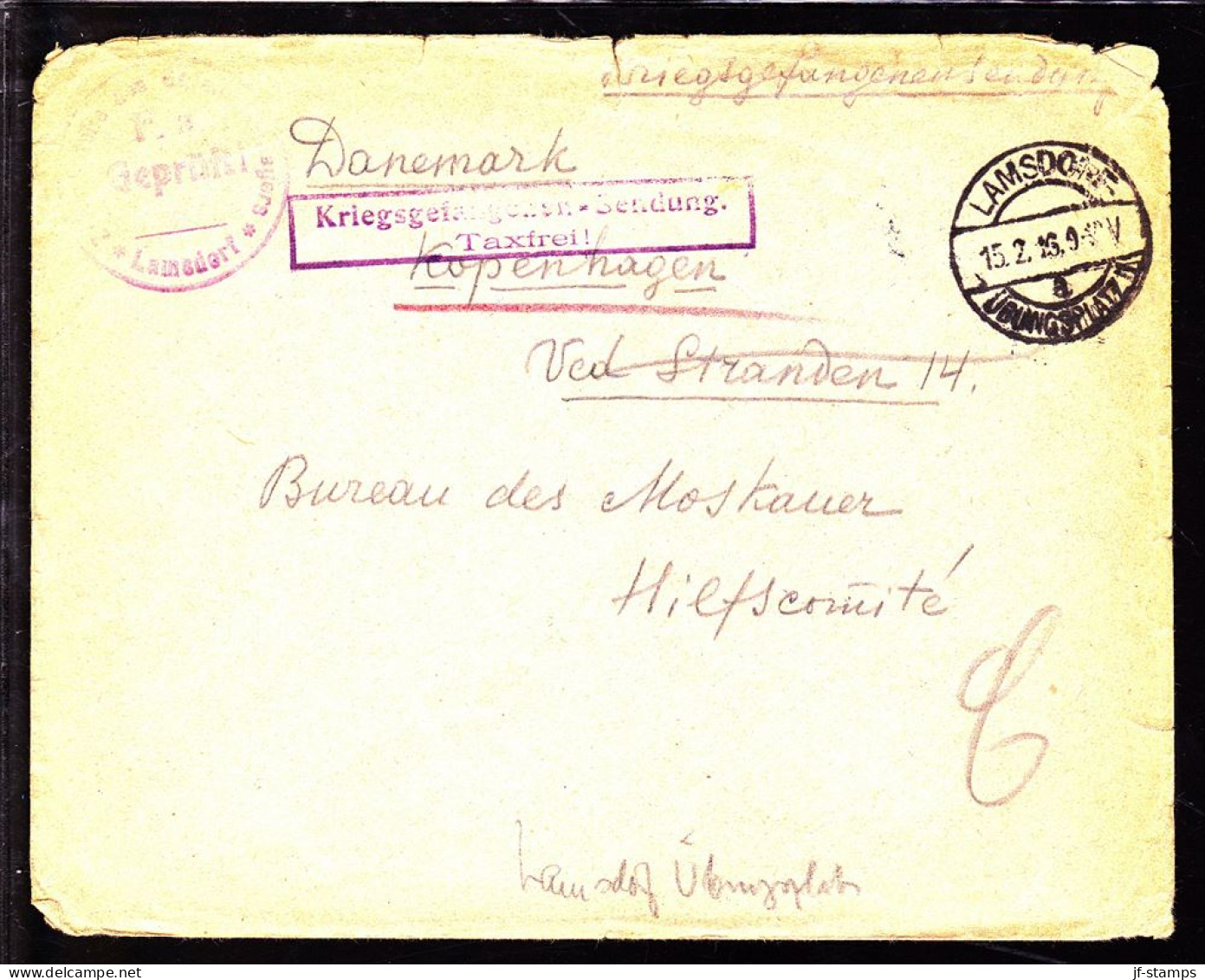 1916. Kriegsgefangenensendung. Moskauer Hilfscomité Für Kriegsgefangene. Copenhagen K Bredgade 42. LAMSDOR... - JF103887 - Croix-Rouge