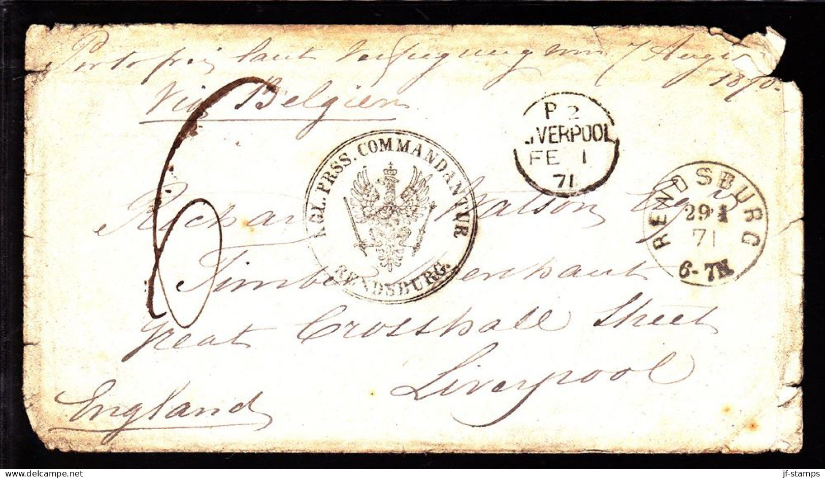 1871. KGL. PRSS. COMMANDANTUR RENDSBURG. Cover To Liverpool, England Via Belgien. RENDSBURG 29 1 71. Porto... - JF103918 - Schleswig-Holstein