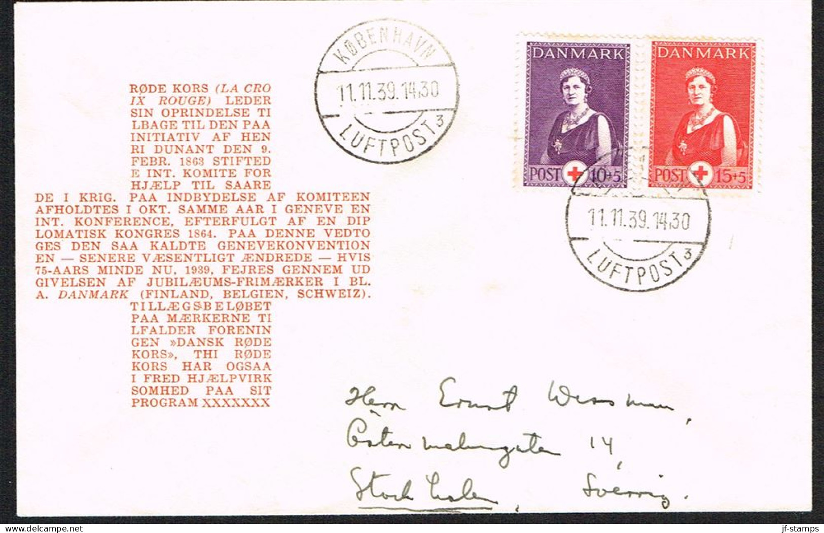 1939. Red Cross. Queen Alexandrine. 10 Øre + 5 Øre Violet/red + 15 Øre + 5 Øre Carmine/red On... (Michel 251) - JF104064 - Storia Postale