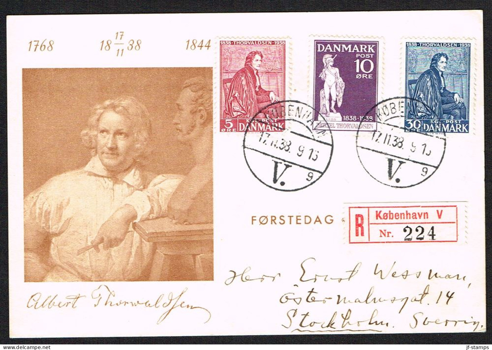 1938. Bertel Thorvaldsen. Complete Set With 3 Values On Scarce FDC KØBENHAVN 17. 11. 38. (Michel 247-249) - JF104065 - Lettres & Documents