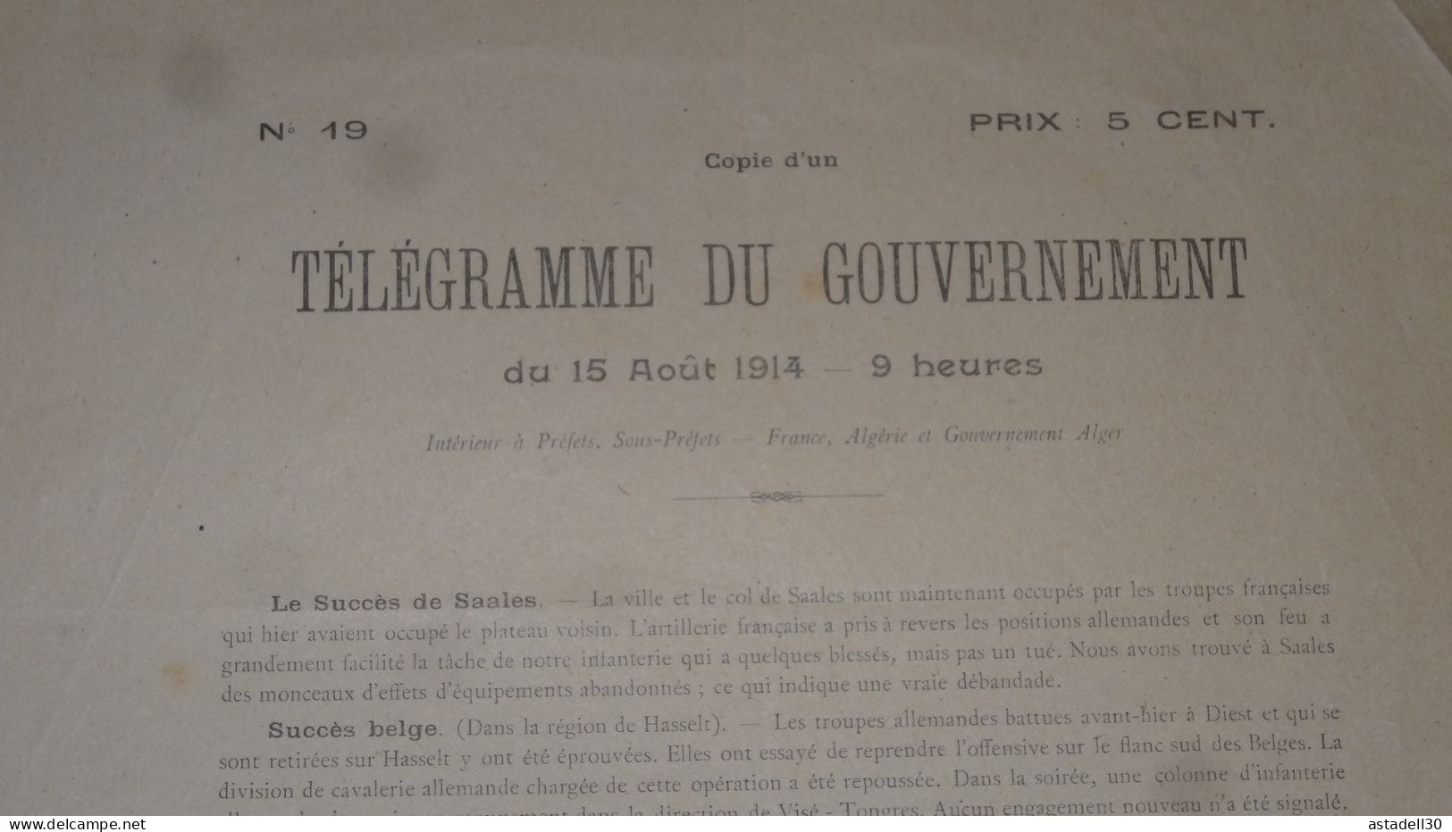Copie D'un Telegramme Du Gouvernement , Vendu 5 Ct, 15 Aout 1914 ................ Tir1 - 1914-18