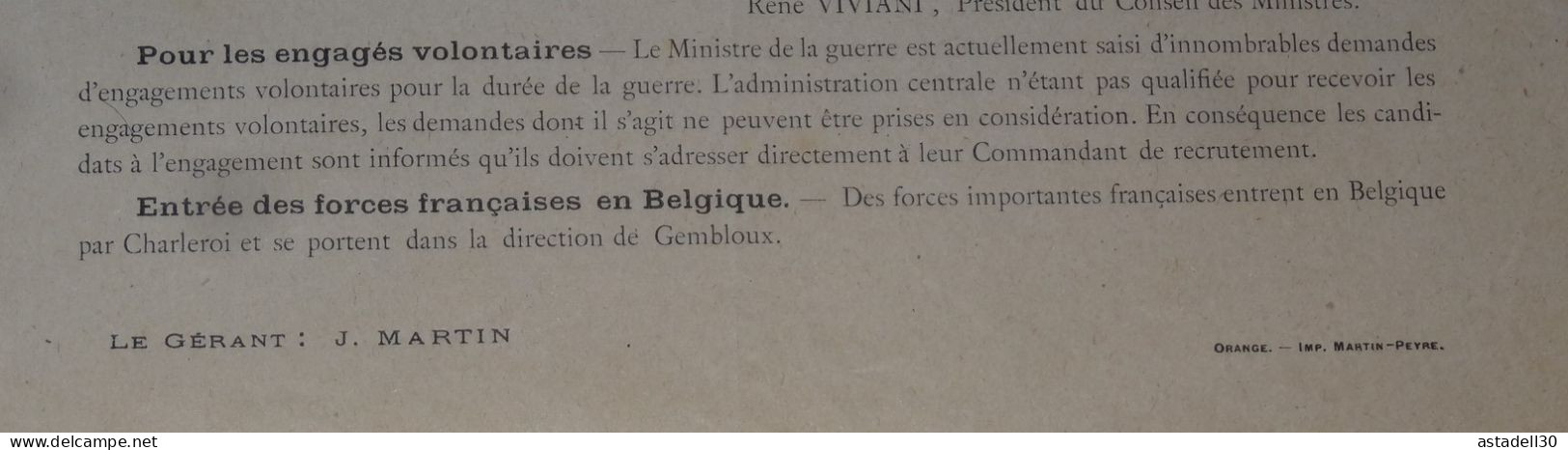 Copie D'un Telegramme Du Gouvernement , Vendu 5 Ct, 15 Aout 1914 ................ Tir1 - 1914-18