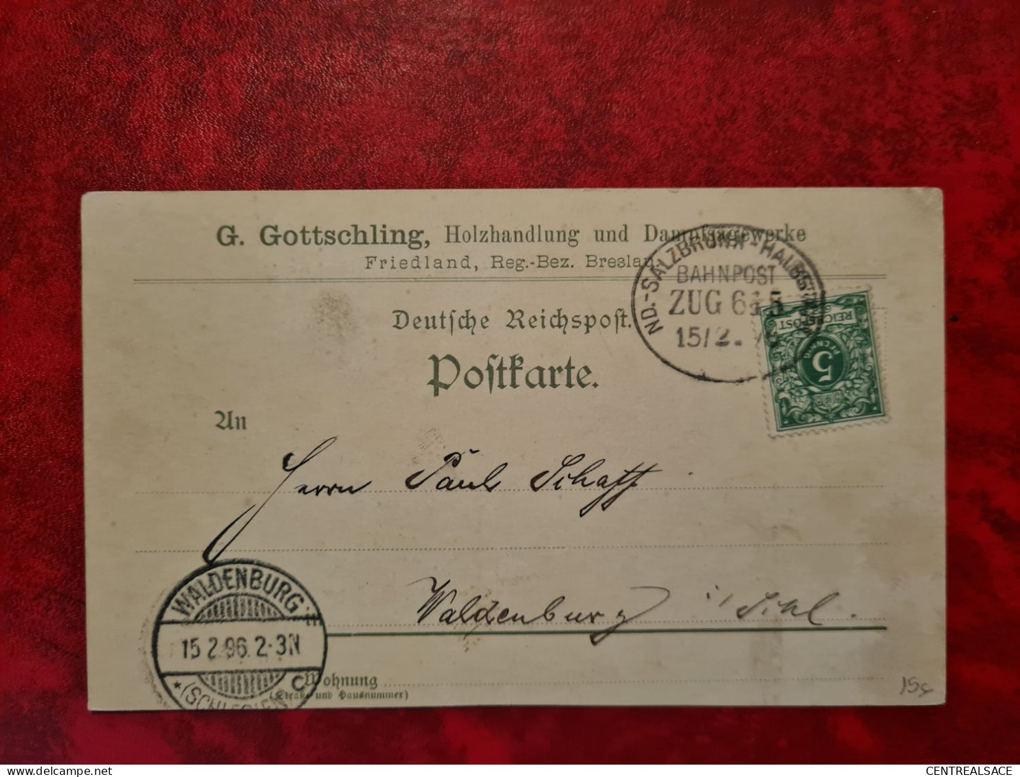 CARTE FRIEDLAND REG. BEZ. BRESLAU CACHET BAHNPOST ND. SALZBRUNN HALBS.  POUR WALDENBURG 1896 ENTETE GOTTSCHLING - Autres & Non Classés