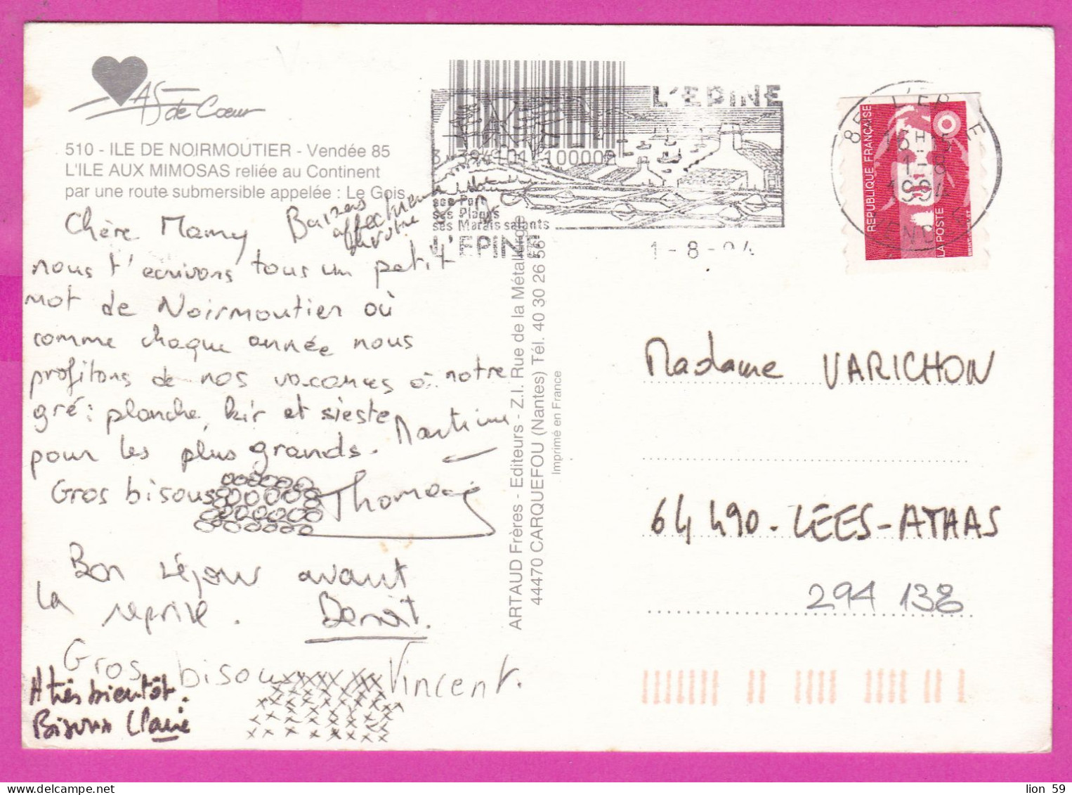 294138 / France - Noirmoutier Island PC 1994 USED Marianne De Briat Rouge Sans Valeur Faciale Autoadhésif Flamme L'Épine - Lettres & Documents