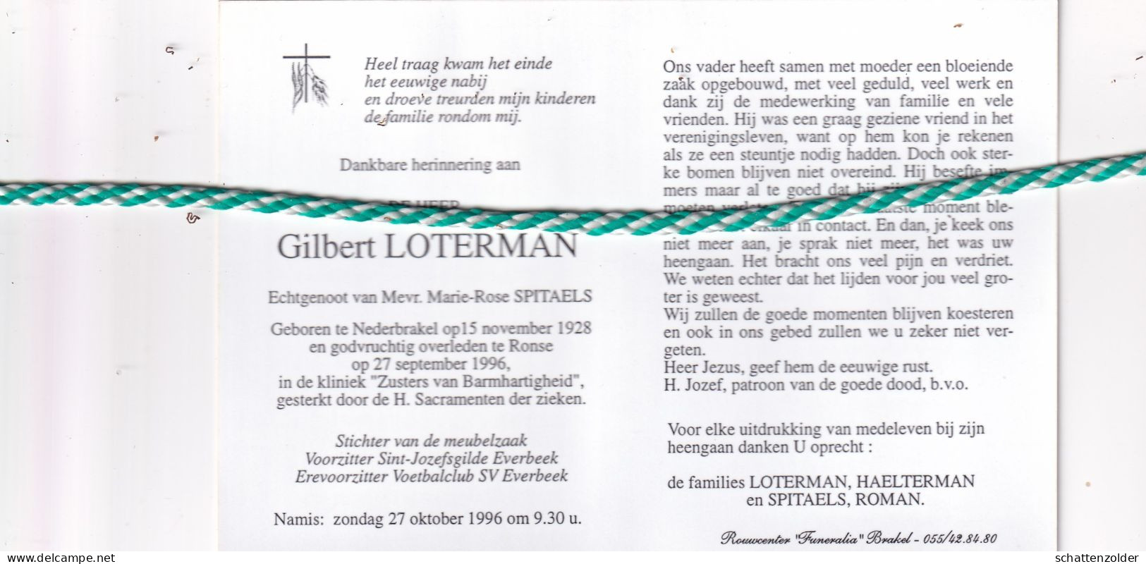 Gilbert Loterman-Spitaels, Nederbrakel 1928, Ronse 1996. Stichter Meubelzaak. Foto - Todesanzeige