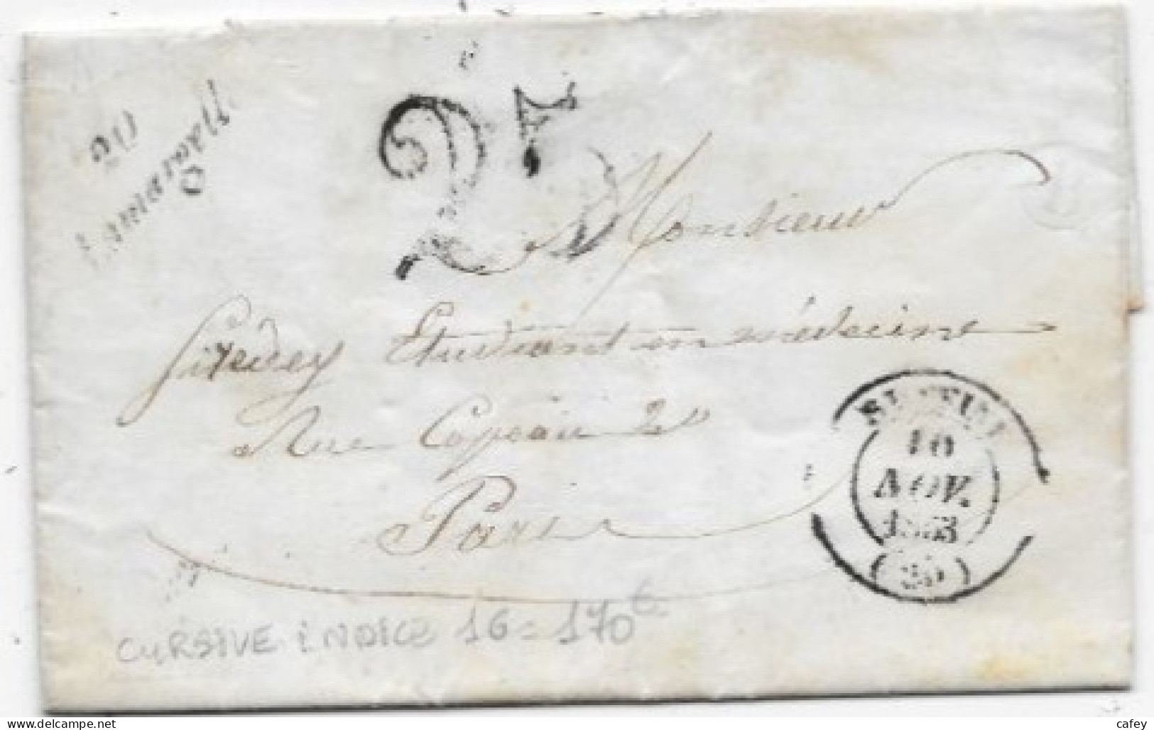 COTE D'OR Lettre Avec Texte De 1853 Marque Postale Cursive 20 / LAMARGELLE Taxe 25  Indice 16 - 1801-1848: Precursors XIX