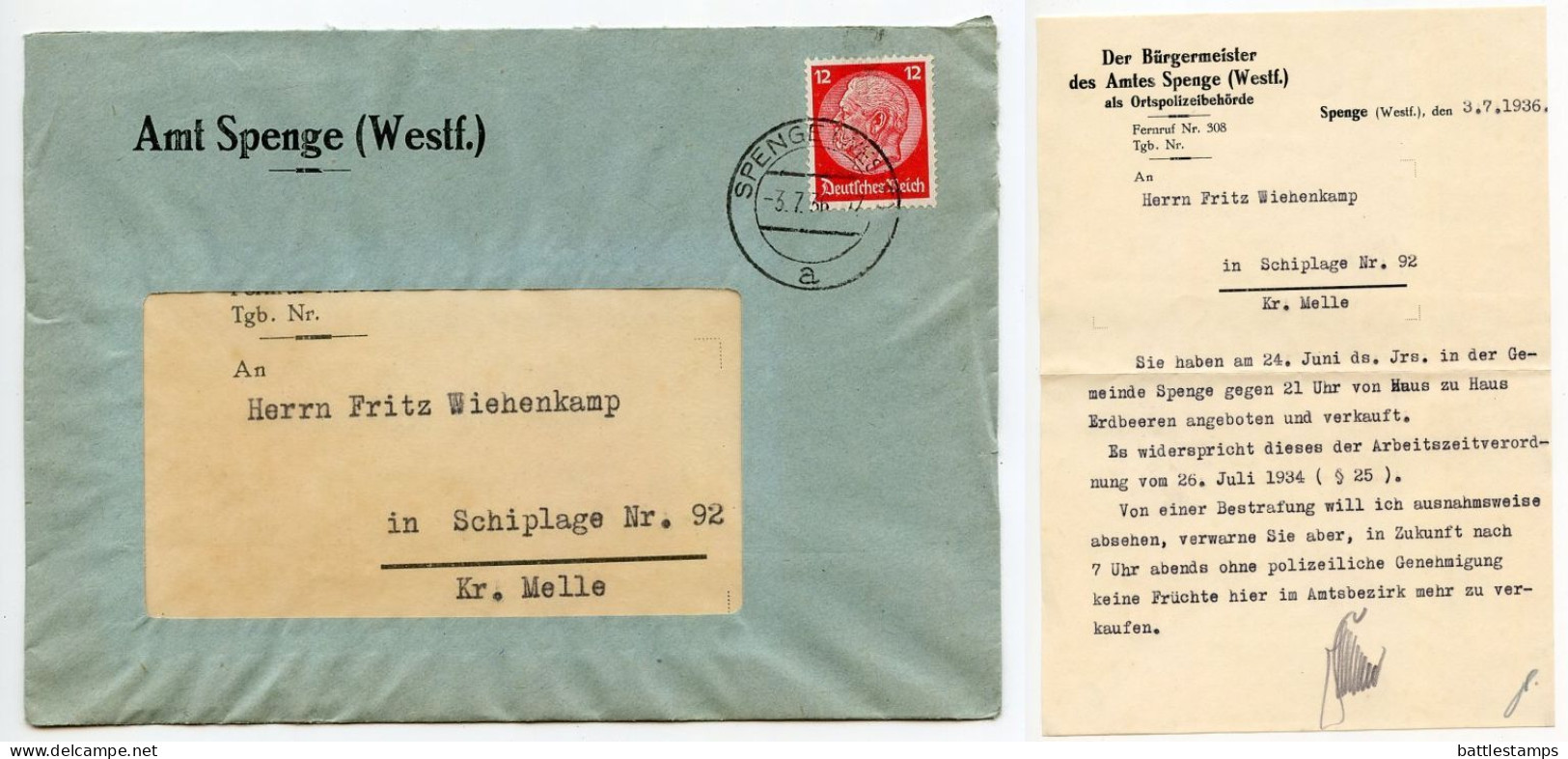 Germany 1936 Cover & Letter; Spenge (Westf.) - Der Bürgermeister Des Amtes Spenge To Schiplage; 12pf. Hindenburg - Covers & Documents