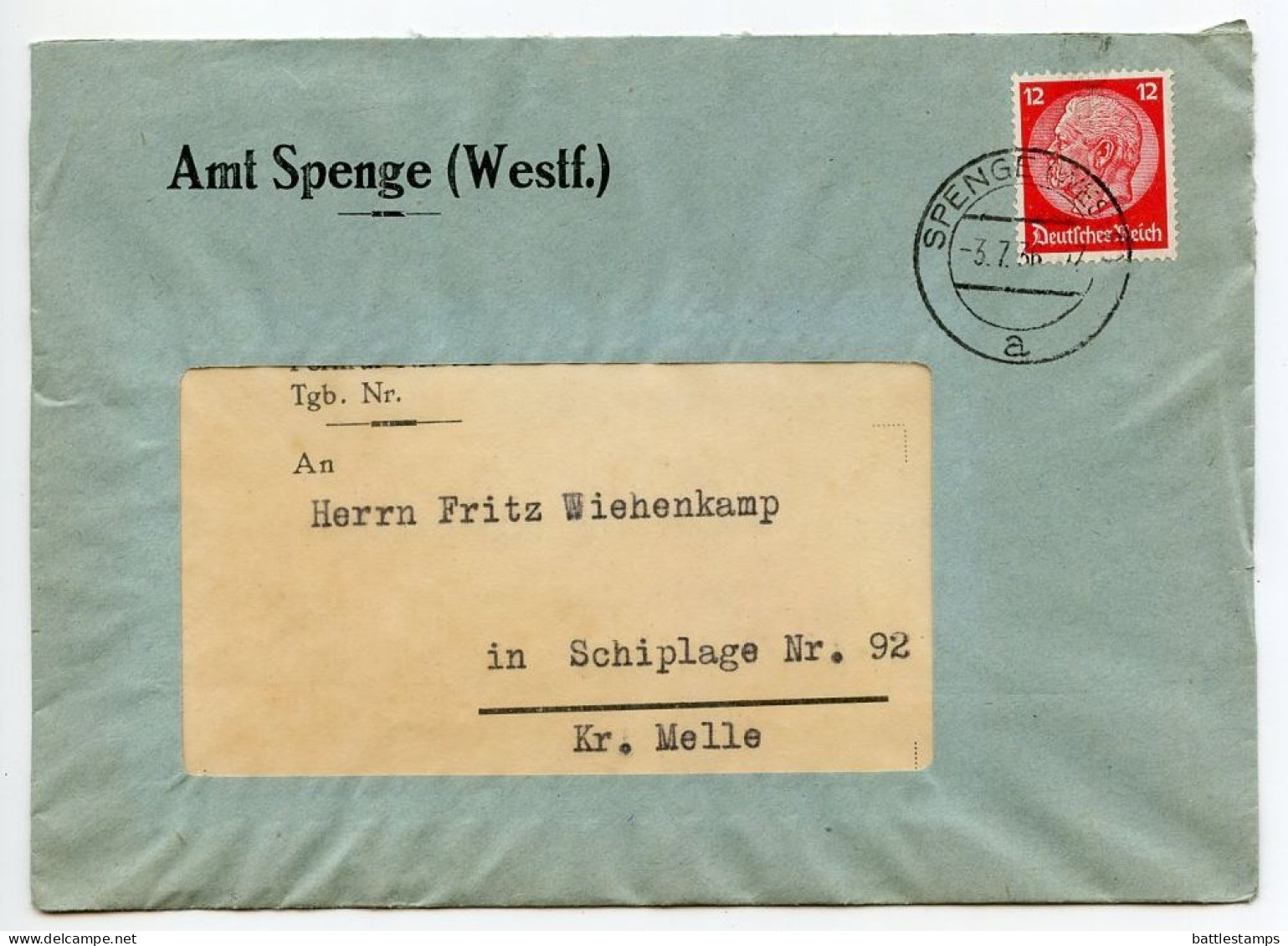 Germany 1936 Cover & Letter; Spenge (Westf.) - Der Bürgermeister Des Amtes Spenge To Schiplage; 12pf. Hindenburg - Covers & Documents