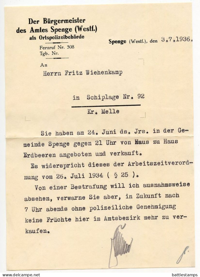 Germany 1936 Cover & Letter; Spenge (Westf.) - Der Bürgermeister Des Amtes Spenge To Schiplage; 12pf. Hindenburg - Covers & Documents